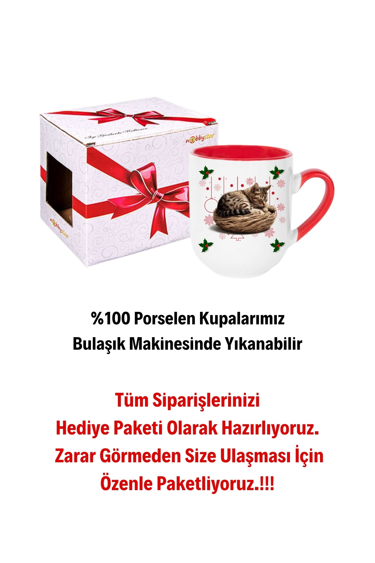 Yeni Yıl Uykucu Kedi Baskılı İçi Kırmızı Lüx Kupa Bardak Porselen Çay Kahve Fincanı