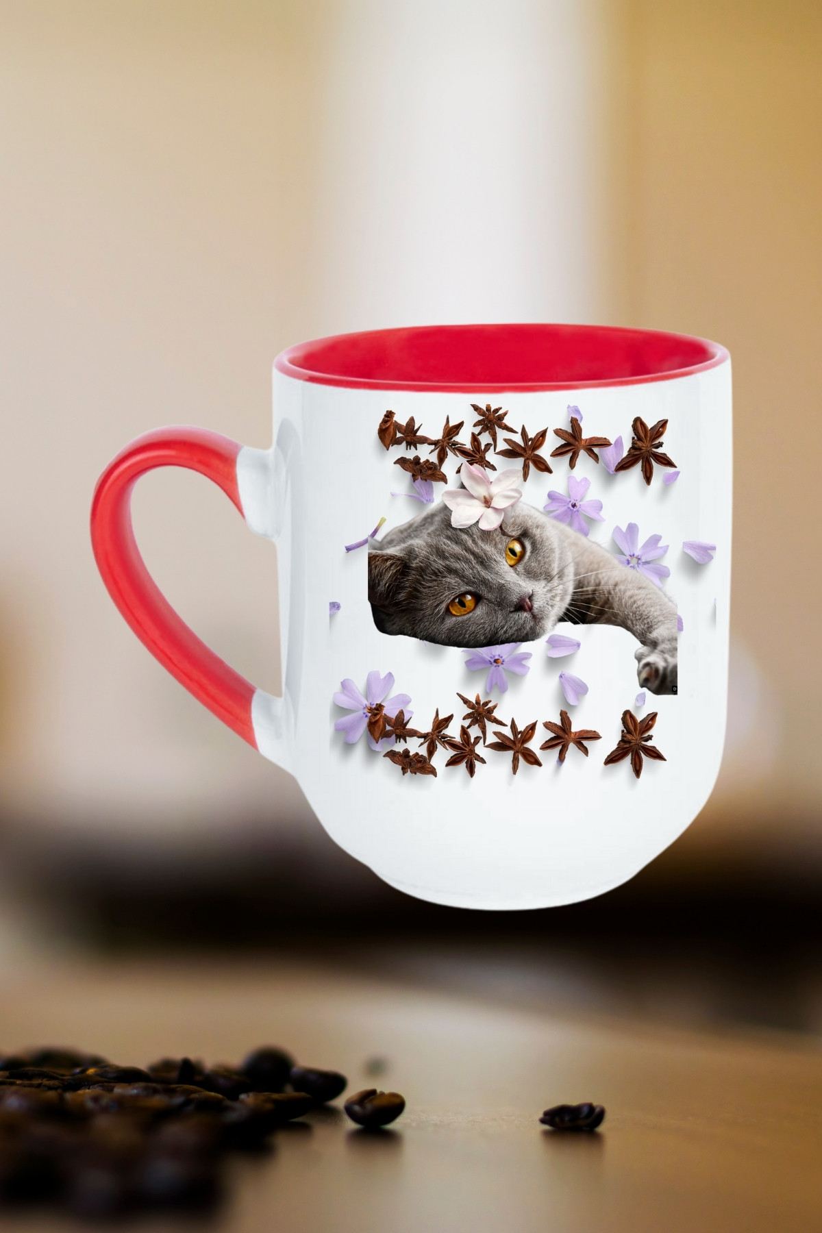 Sevimli Kedi Baskılı İçi Kırmızı Lüx Kupa Bardak Porselen Çay Kahve Fincanı