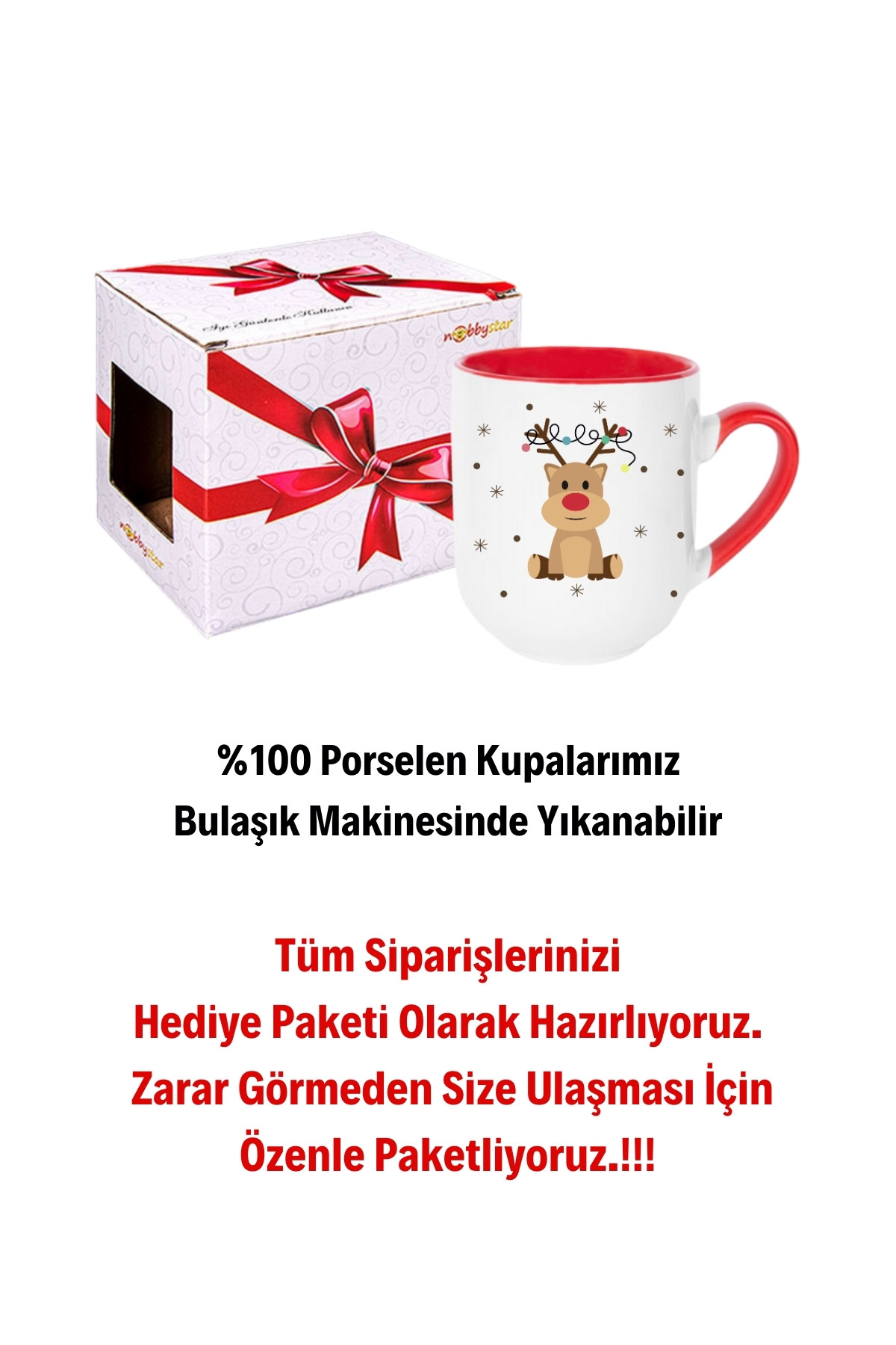 Yeni Yıl Geyik Kurabiye Baskılı İçi Kırmızı Lüx Kupa Bardak Porselen Çay Kahve Fincanı