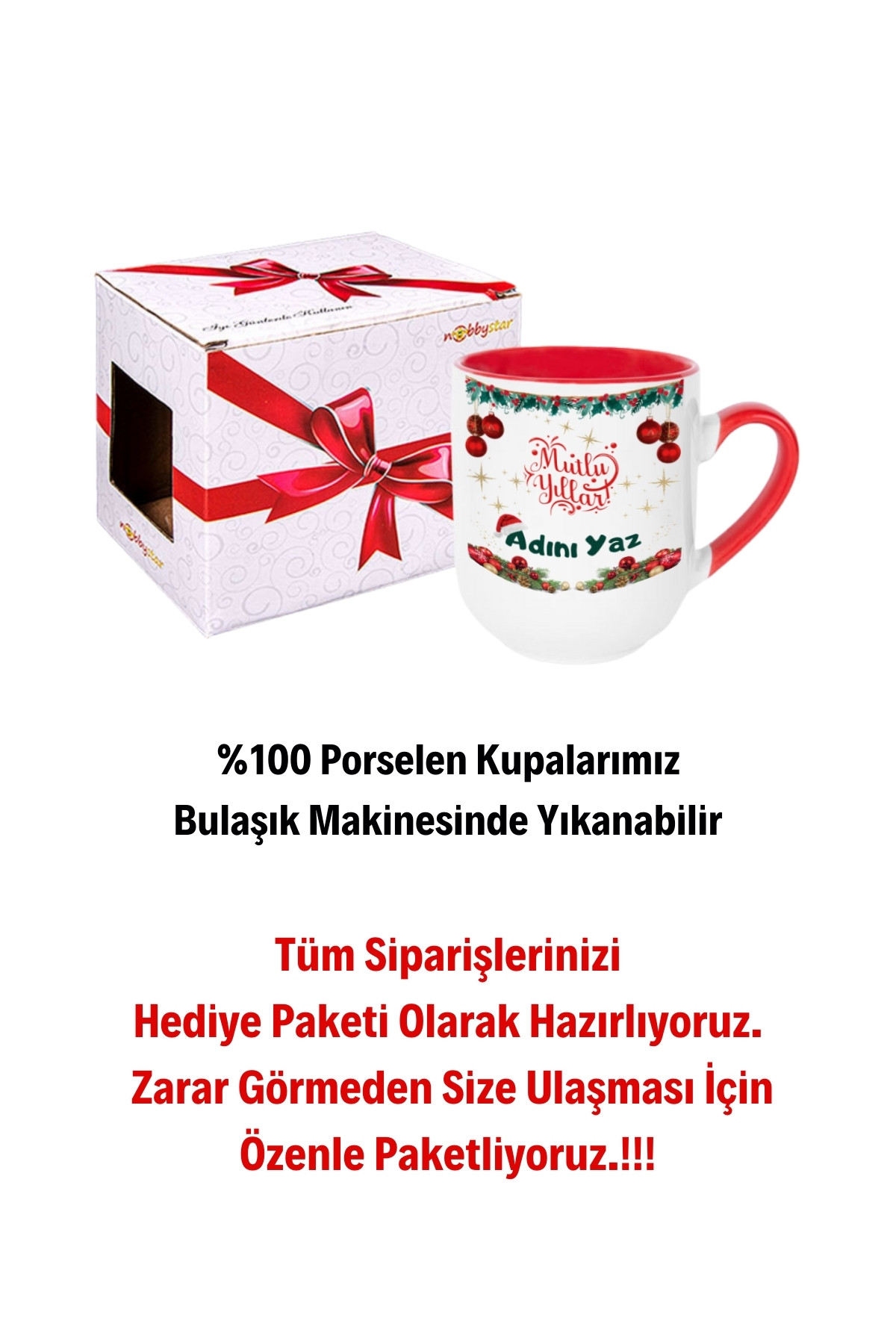 Kişiye Özel Yılbaşı İsim Baskılı İçi Kırmızı Lüx Kupa Bardak Porselen Çay Kahve Fincanı