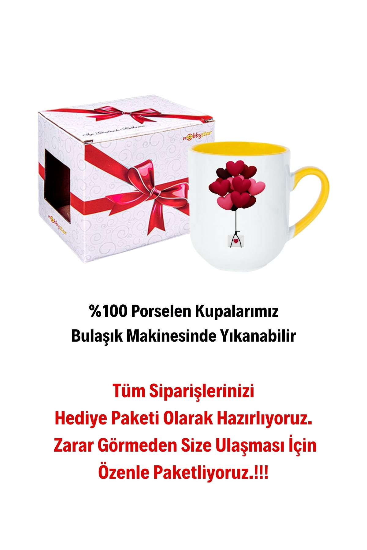 Uçan Kalpler Baskılı İçi Sarı Lüx Kupa Bardak Porselen Çay Kahve Fincanı Hediye