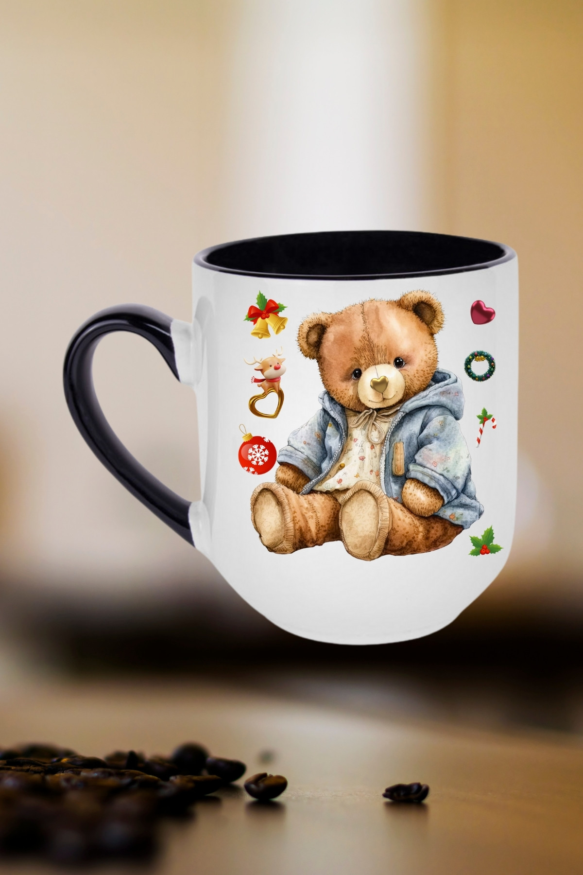 Yeni Yıl Oyuncak Ayı Teddy Bear Baskılı İçi Siyah Lüx Kupa Bardak Porselen Çay Kahve Fincanı