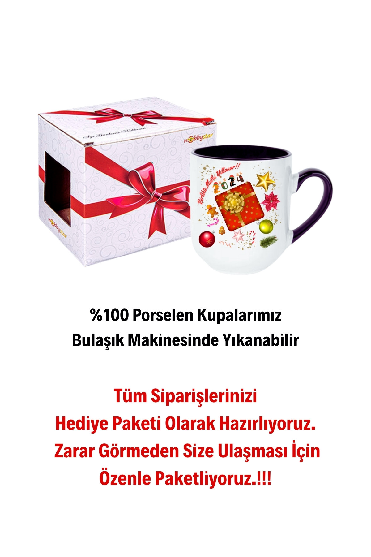 Yılbaşı 2024 Baskılı İçi Siyah Lüx Kupa Bardak Porselen Çay Kahve Fincanı