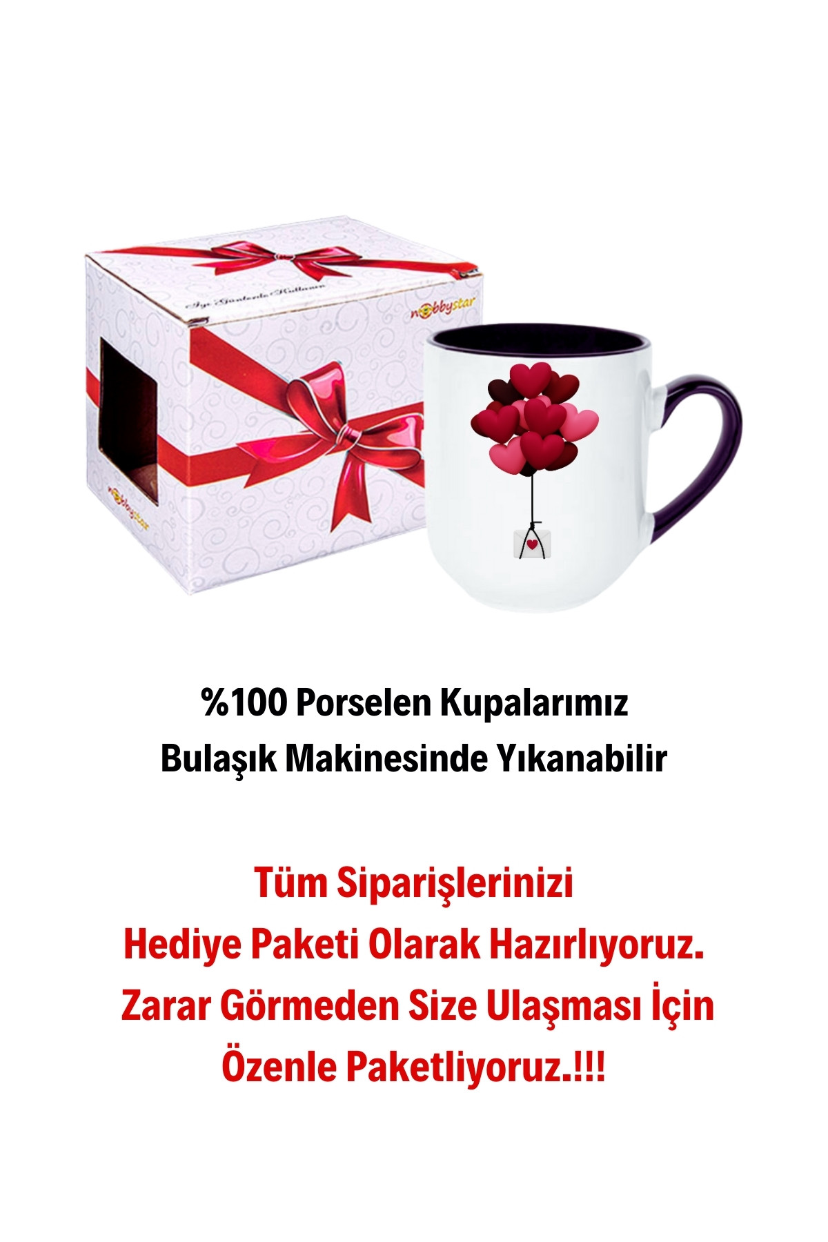 Uçan Kalpler Baskılı İçi Siyah Lüx Kupa Bardak Porselen Çay Kahve Fincanı Hediye