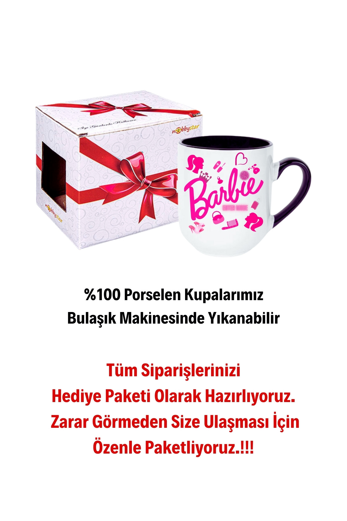 Enter Mode Barbie Baskılı İçi Siyah Lüx Kupa Bardak Porselen Çay Kahve Fincanı