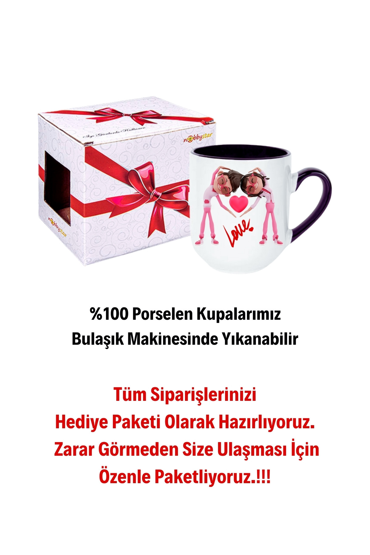 Mutlu Çiftler Love Baskılı Hediye İçi Siyah Lüx Kupa Bardak Porselen Çay Kahve Fincanı