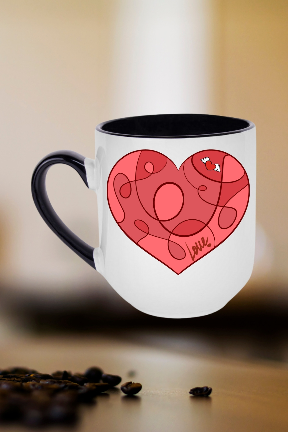 Love Kalp Baskılı İçi Siyah Lüx Kupa Bardak Porselen Çay Kahve Fincanı