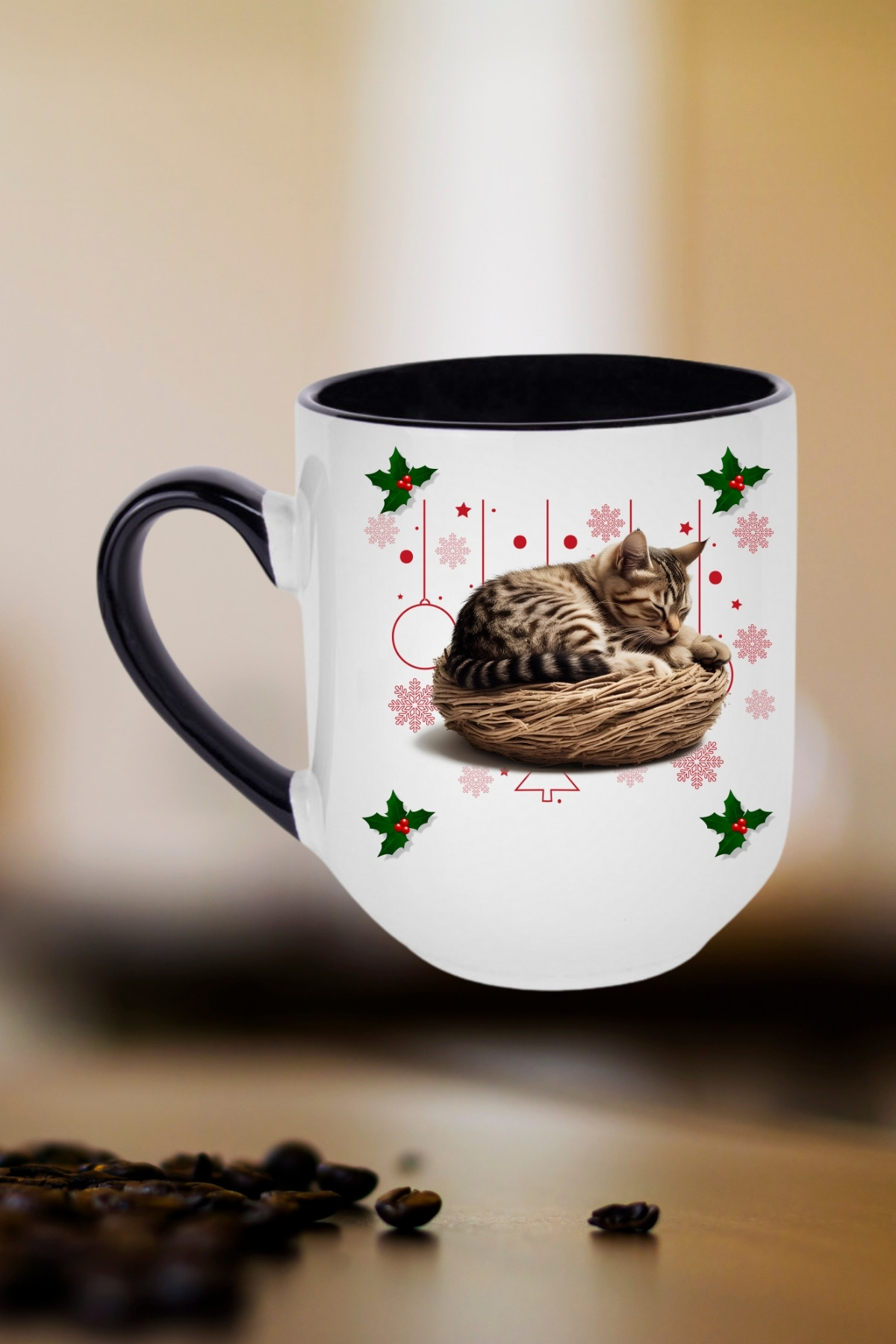 Yeni Yıl Uykucu Kedi Baskılı İçi Siyah Lüx Kupa Bardak Porselen Çay Kahve Fincanı