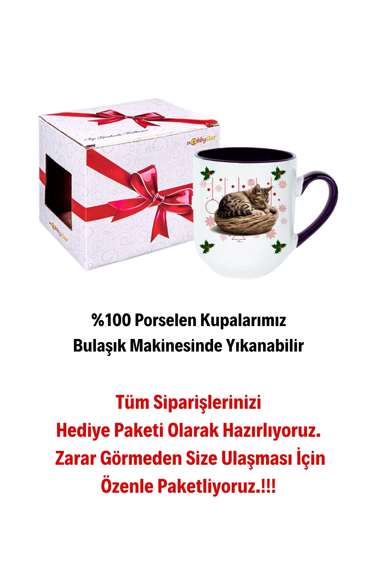 Yeni Yıl Uykucu Kedi Baskılı İçi Siyah Lüx Kupa Bardak Porselen Çay Kahve Fincanı