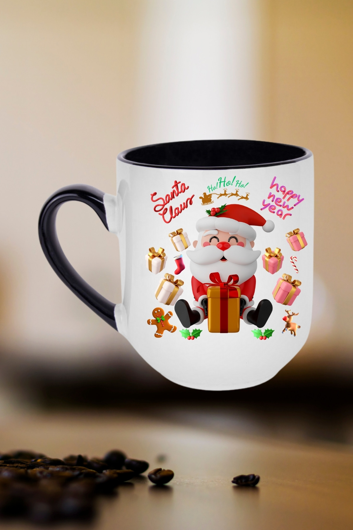 Noel Baba Happy Christmas Baskılı İçi Siyah Lüx Kupa Bardak Porselen Çay Kahve Fincanı