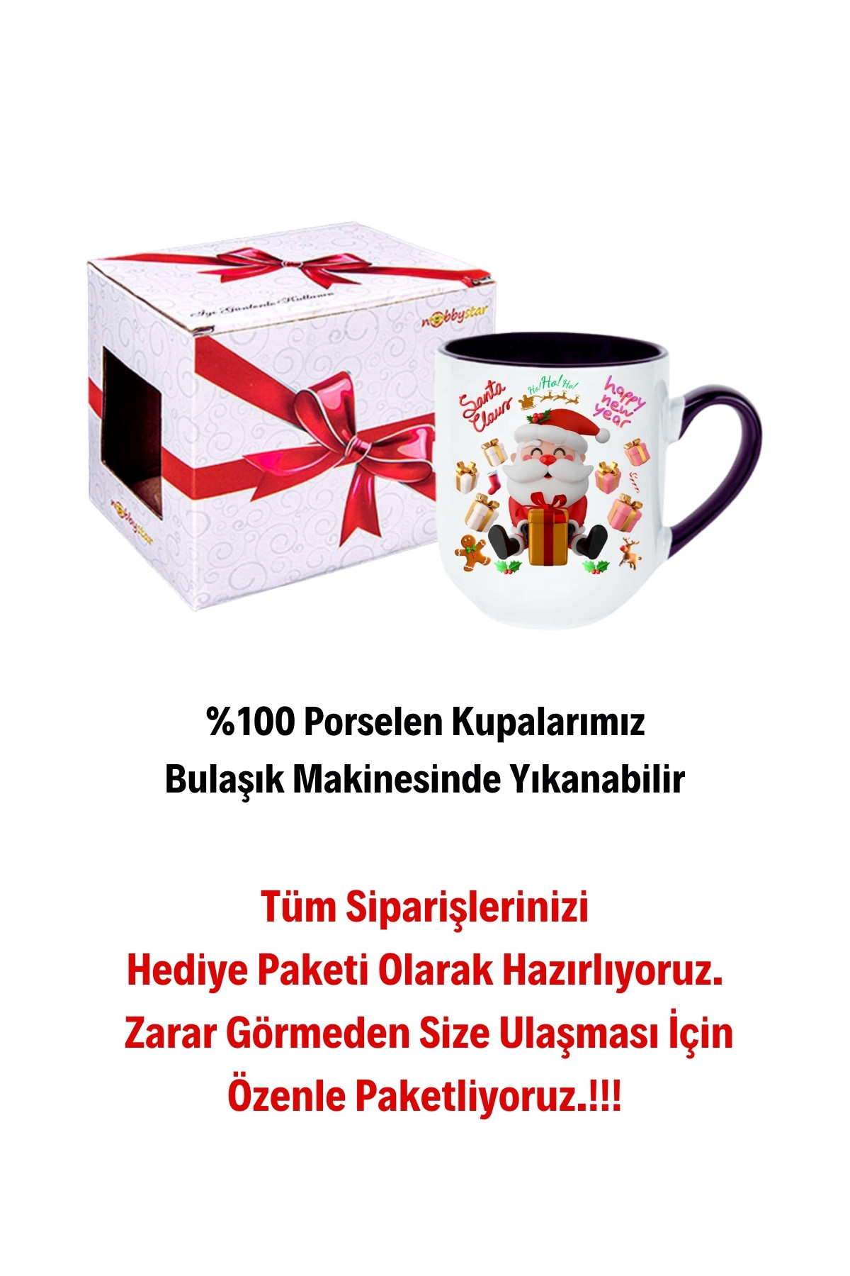 Noel Baba Happy Christmas Baskılı İçi Siyah Lüx Kupa Bardak Porselen Çay Kahve Fincanı