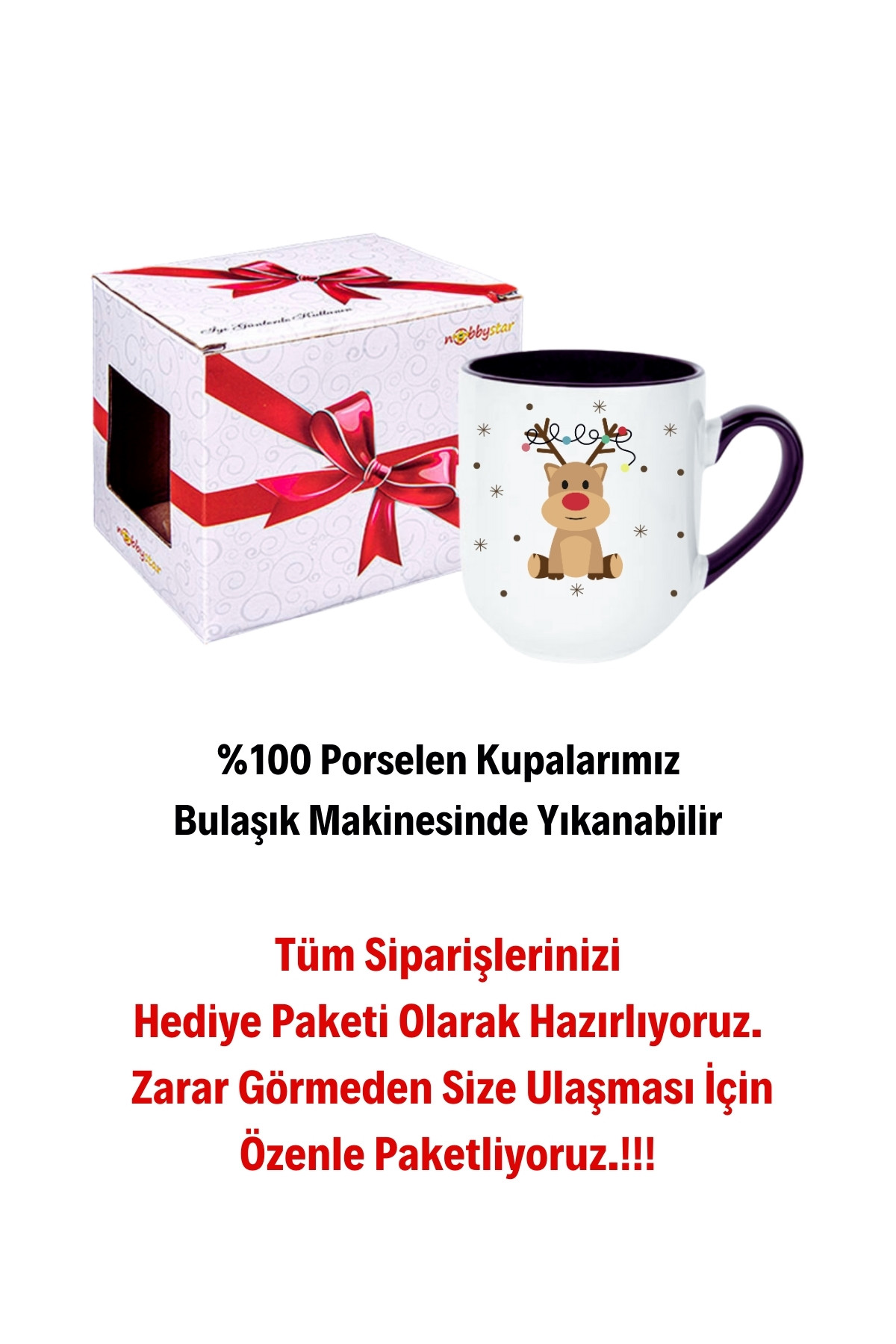 Yeni Yıl Geyik Kurabiye Baskılı İçi Siyah Lüx Kupa Bardak Porselen Çay Kahve Fincanı