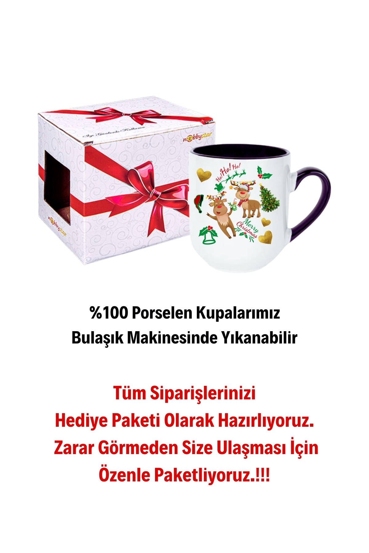 Yılbaşı Geyikli Kurabiye Baskılı İçi Siyah Lüx Kupa Bardak Porselen Çay Kahve Fincanı