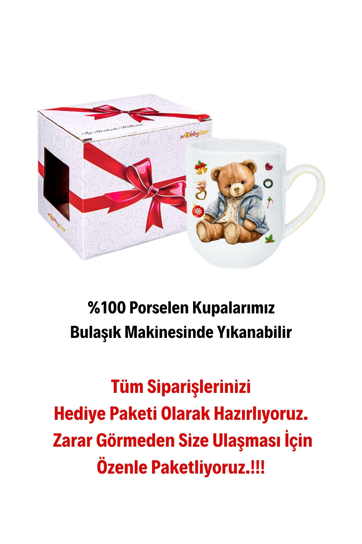 Yeni Yıl Oyuncak Ayı Teddy Bear Baskılı Lüx Kupa Bardak Porselen Çay Kahve Fincanı
