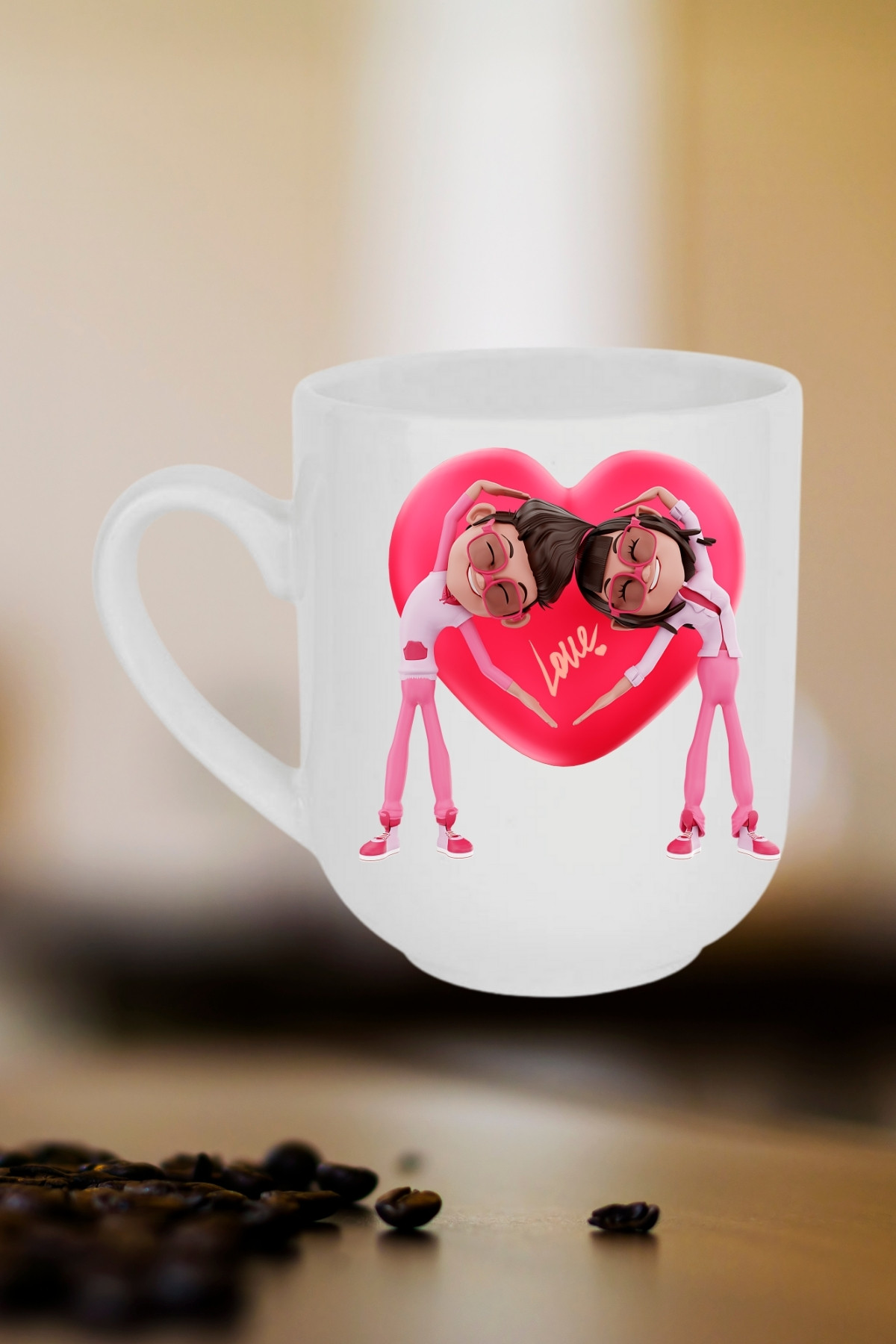 Mutlu Çiftler Love Kalp Baskılı Hediye Lüx Kupa Bardak Porselen Çay Kahve Fincanı