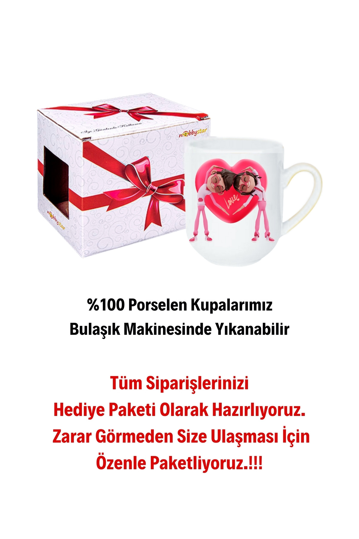 Mutlu Çiftler Love Kalp Baskılı Hediye Lüx Kupa Bardak Porselen Çay Kahve Fincanı