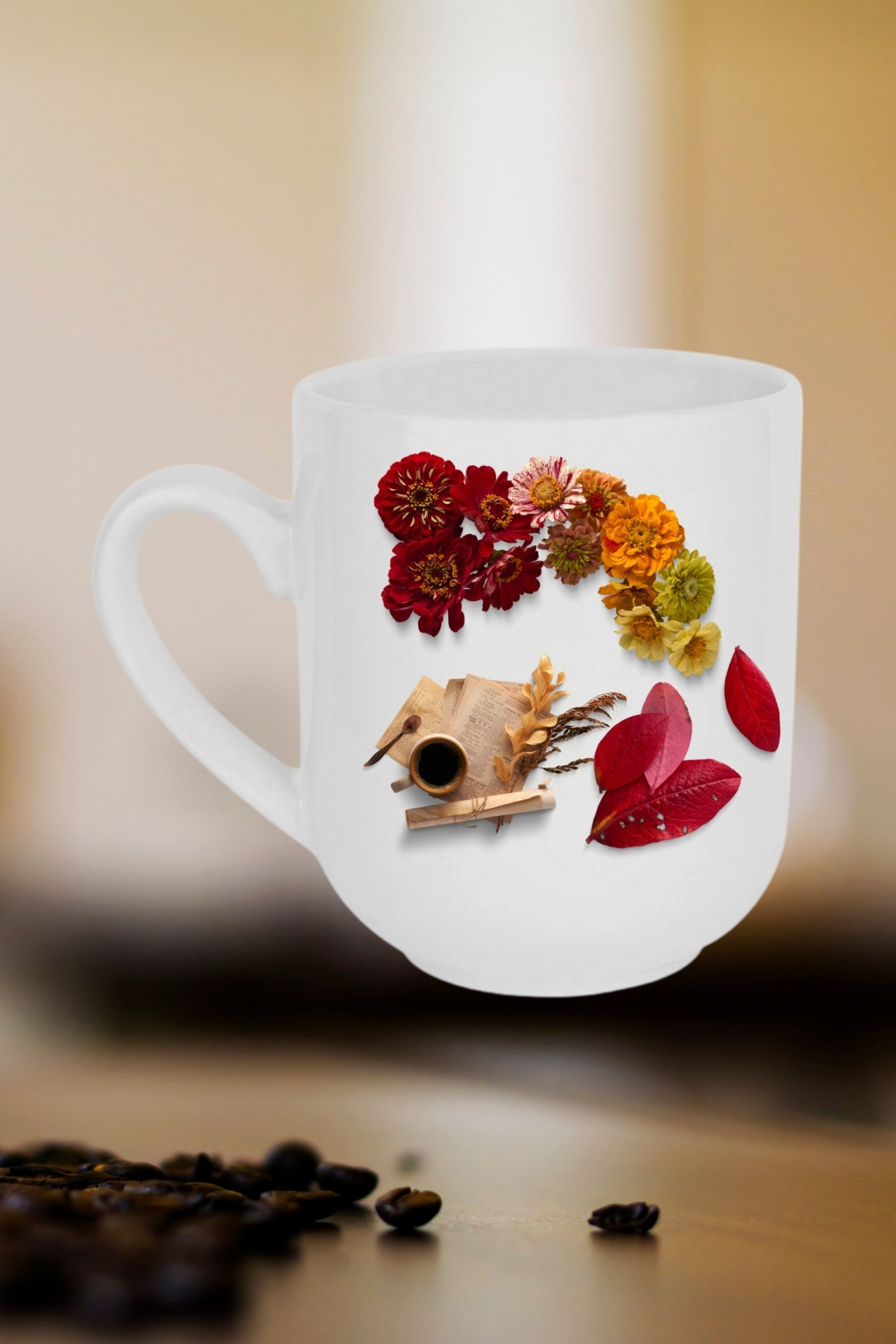 Romantik Sonbahar Baskılı Lüx Kupa Bardak Porselen Çay Kahve Fincanı