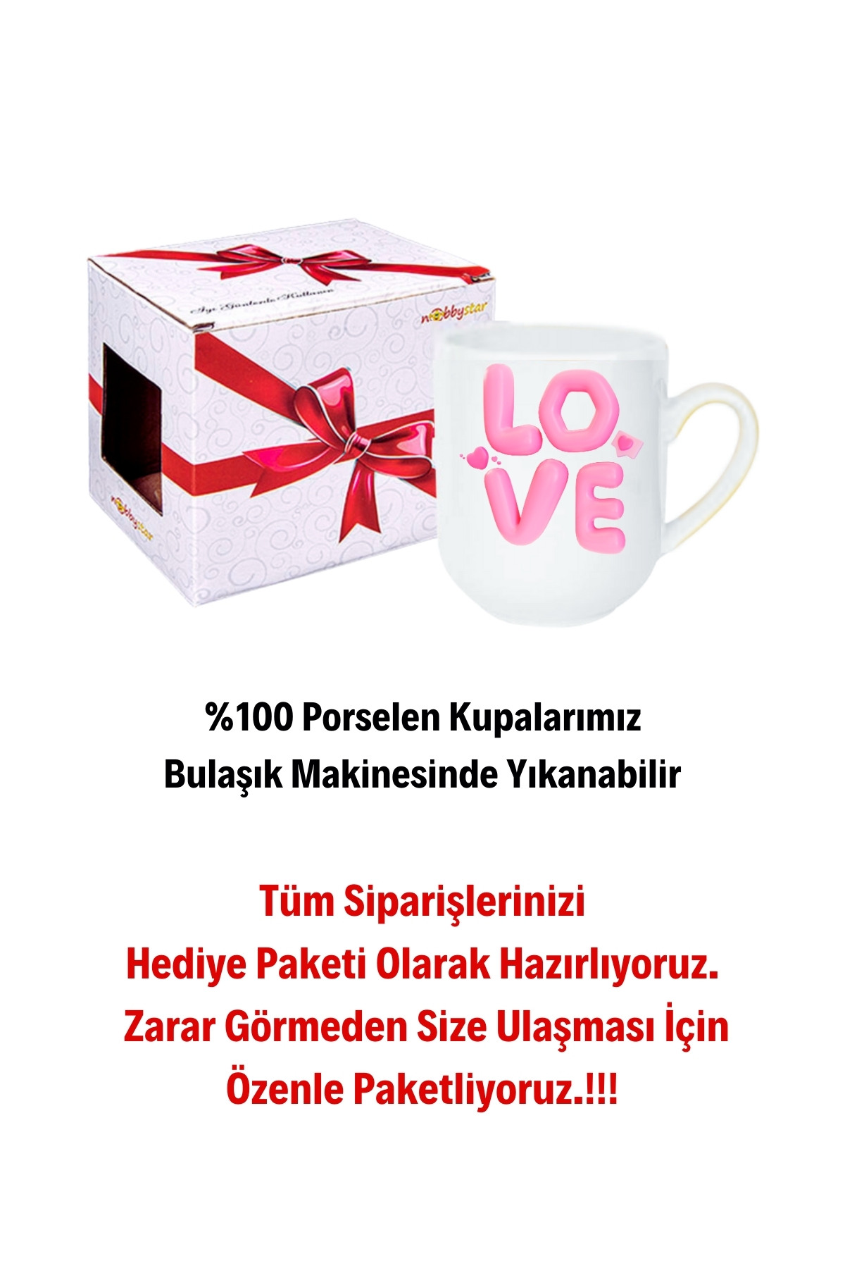 Love Baskılı Hediye İçi Beyaz Lüx Kupa Bardak Porselen Çay Kahve Fincanı