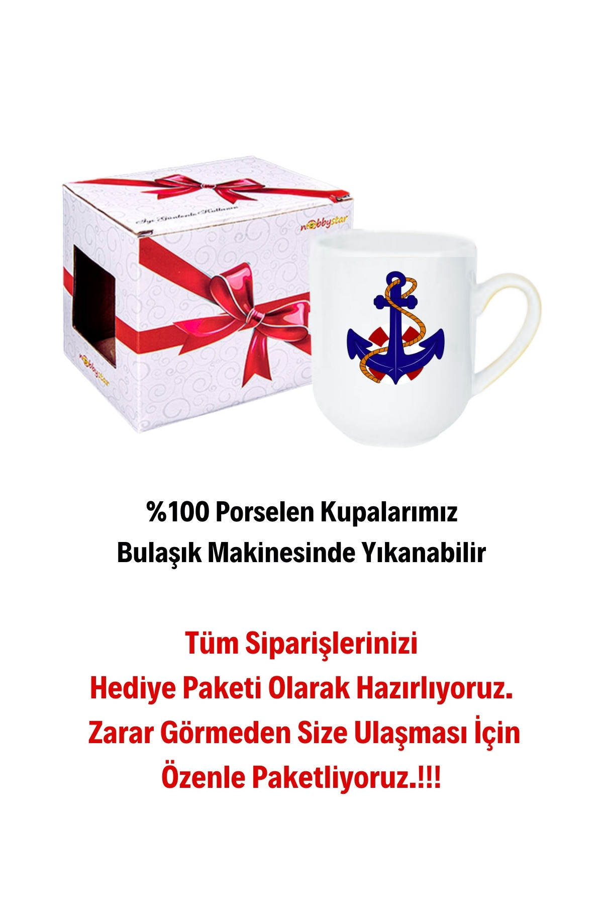 Denizci Çıpa Baskılı İçi Beyaz Lüx Kupa Bardak Porselen Çay Kahve Fincanı-9