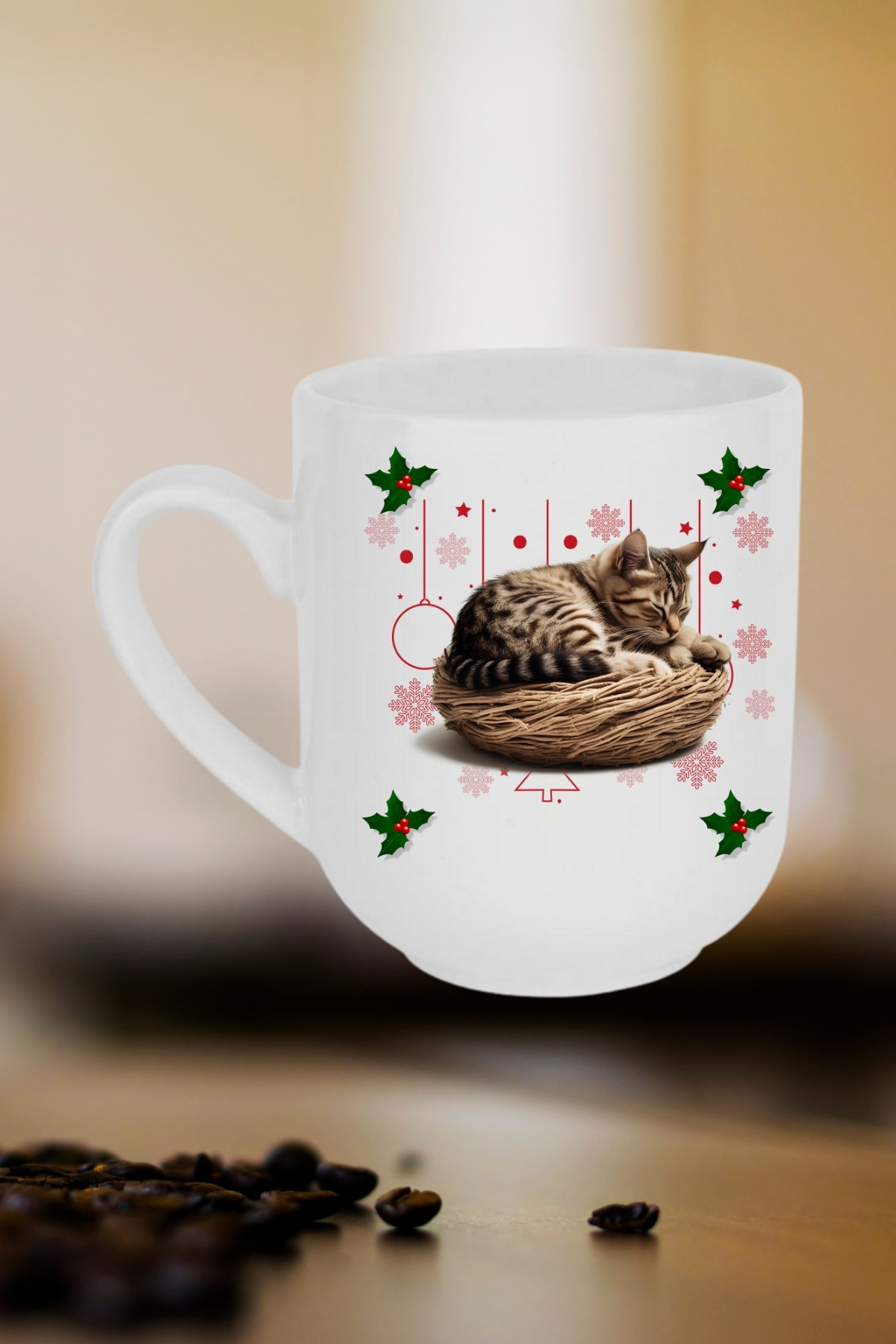 Yeni Yıl Uykucu Kedi Baskılı Lüx Kupa Bardak Porselen Çay Kahve Fincanı