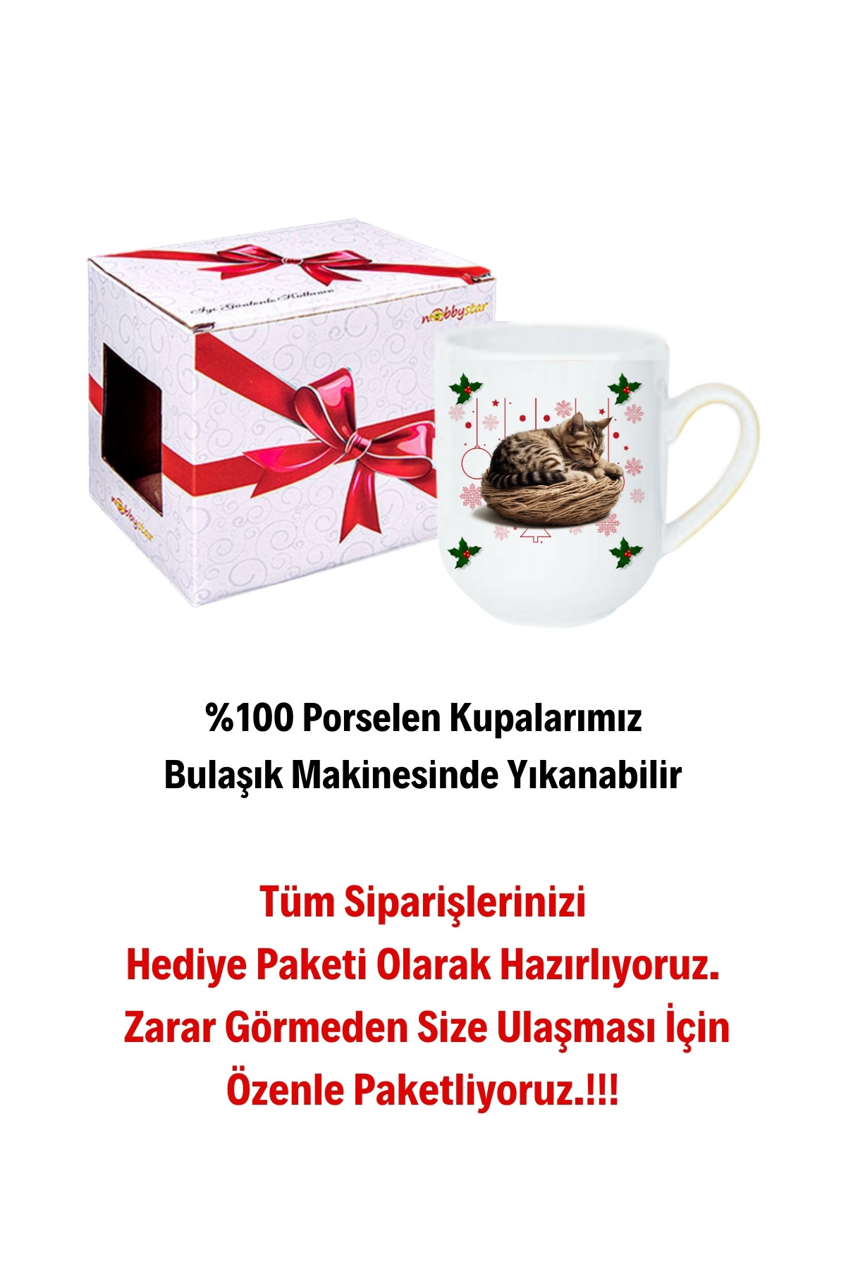 Yeni Yıl Uykucu Kedi Baskılı Lüx Kupa Bardak Porselen Çay Kahve Fincanı
