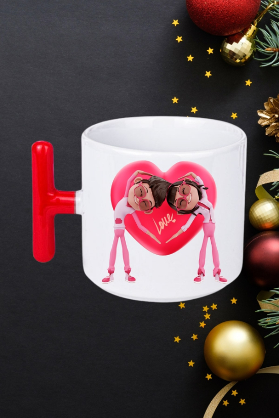Mutlu Çiftler Love Kalp Baskılı Hediye Kırmızı T Saplı Kupa Bardak Porselen Çay Kahve Fincanı