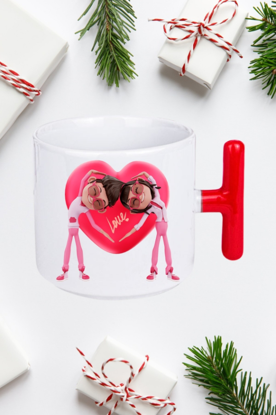 Mutlu Çiftler Love Kalp Baskılı Hediye Kırmızı T Saplı Kupa Bardak Porselen Çay Kahve Fincanı