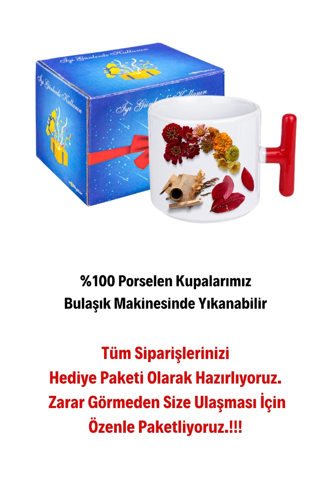 Romantik Sonbahar Baskılı Kırmızı T Saplı Kupa Bardak Porselen Çay Kahve Fincanı