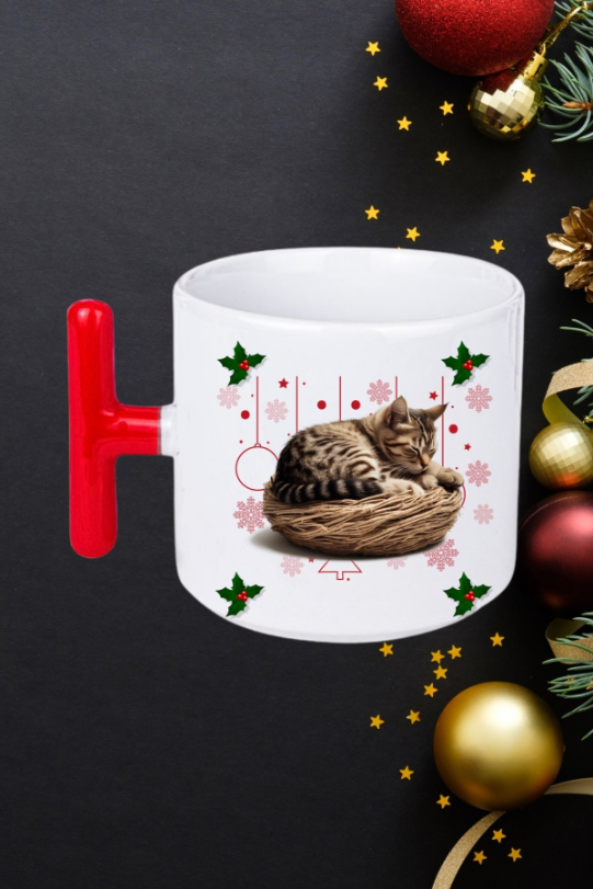 Yeni Yıl Uykucu Kedi Baskılı Kırmızı T Saplı Kupa Bardak Porselen Çay Kahve Fincanı