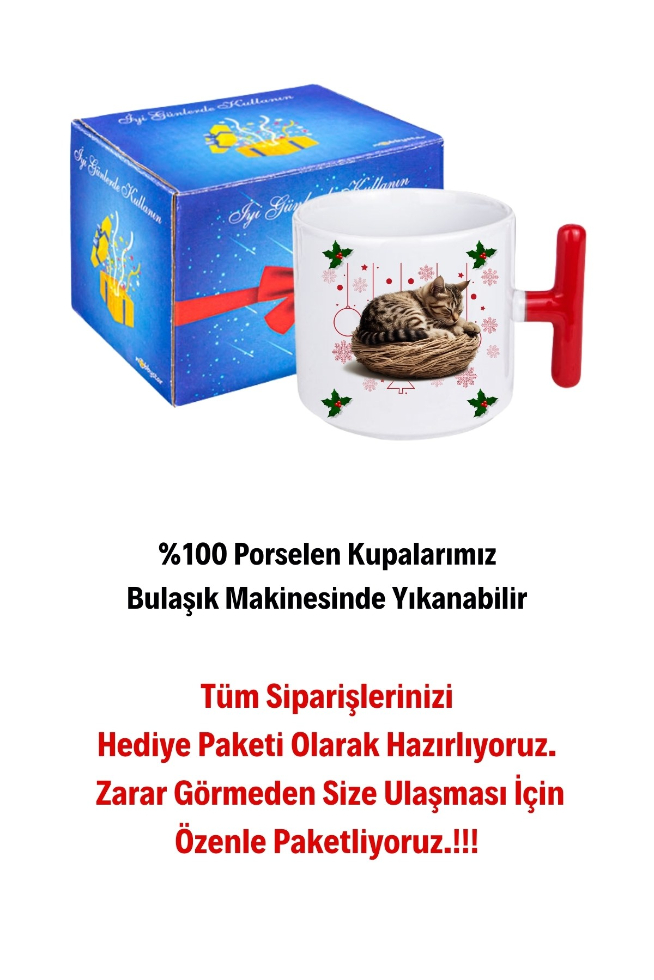 Yeni Yıl Uykucu Kedi Baskılı Kırmızı T Saplı Kupa Bardak Porselen Çay Kahve Fincanı