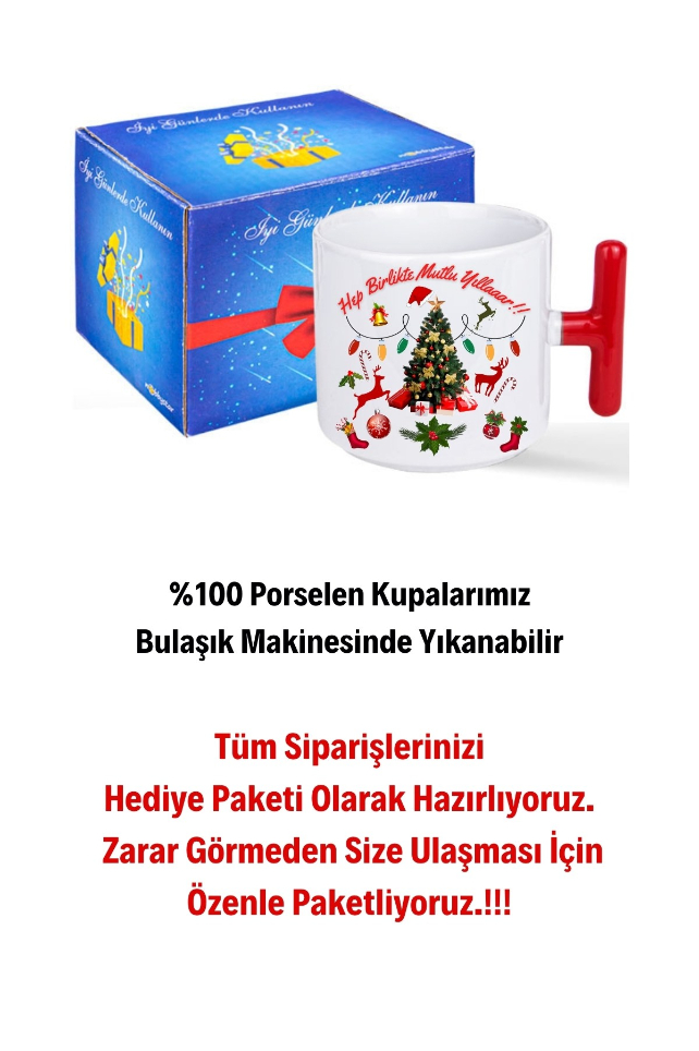 Yılbaşı Mutlu Yıllar Baskılı Kırmızı T Saplı Kupa Bardak Porselen Çay Kahve Fincanı