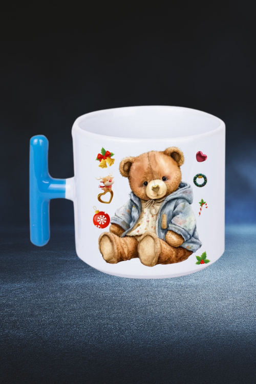 Yeni Yıl Oyuncak Ayı Teddy Bear Baskılı T Saplı Kupa Bardak Porselen Çay Kahve Fincanı