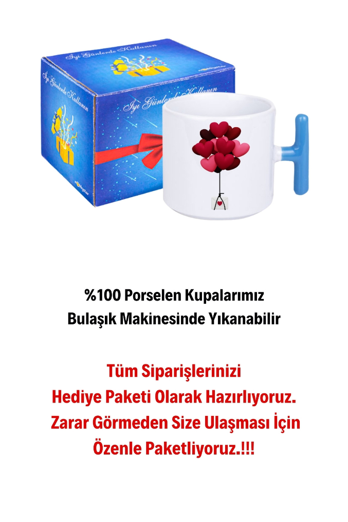Uçan Kalpler Baskılı T Saplı Kupa Bardak Porselen Çay Kahve Fincanı Hediye