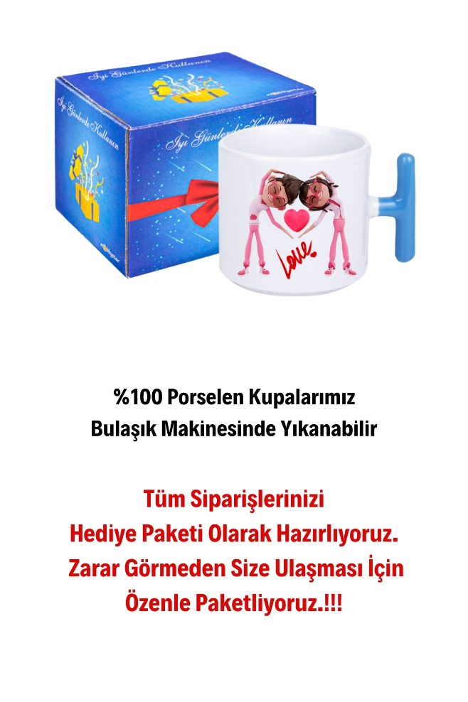 Mutlu Çiftler Love Baskılı Hediye T Saplı Kupa Bardak Porselen Çay Kahve Fincanı
