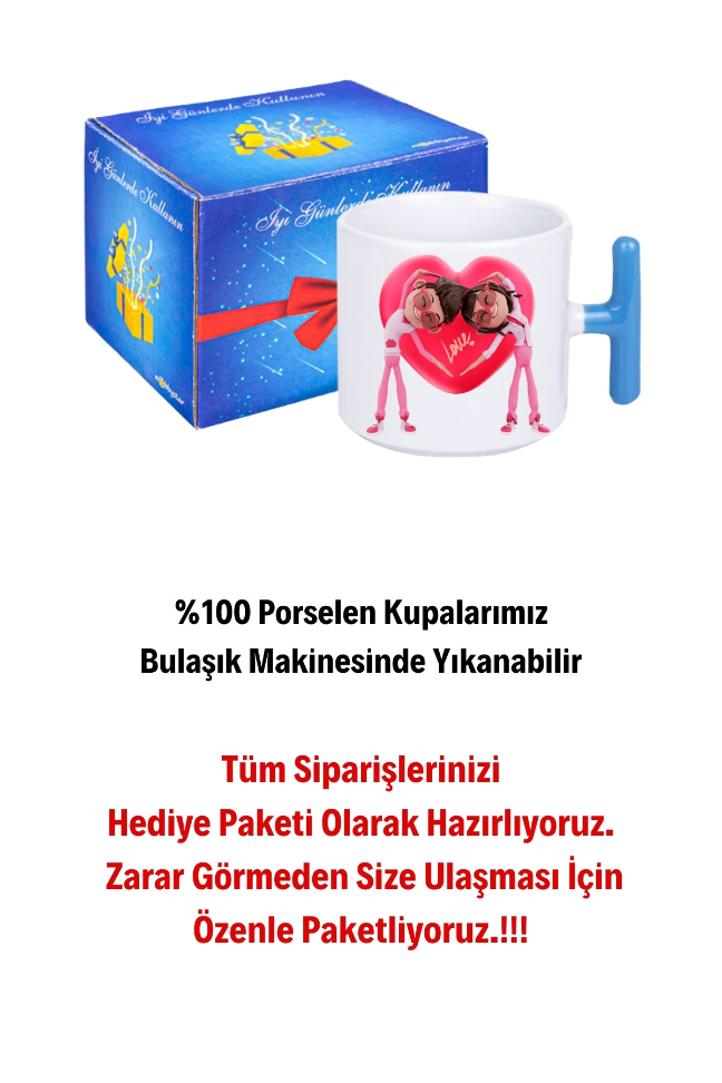 Mutlu Çiftler Love Kalp Baskılı Hediye T Saplı Kupa Bardak Porselen Çay Kahve Fincanı
