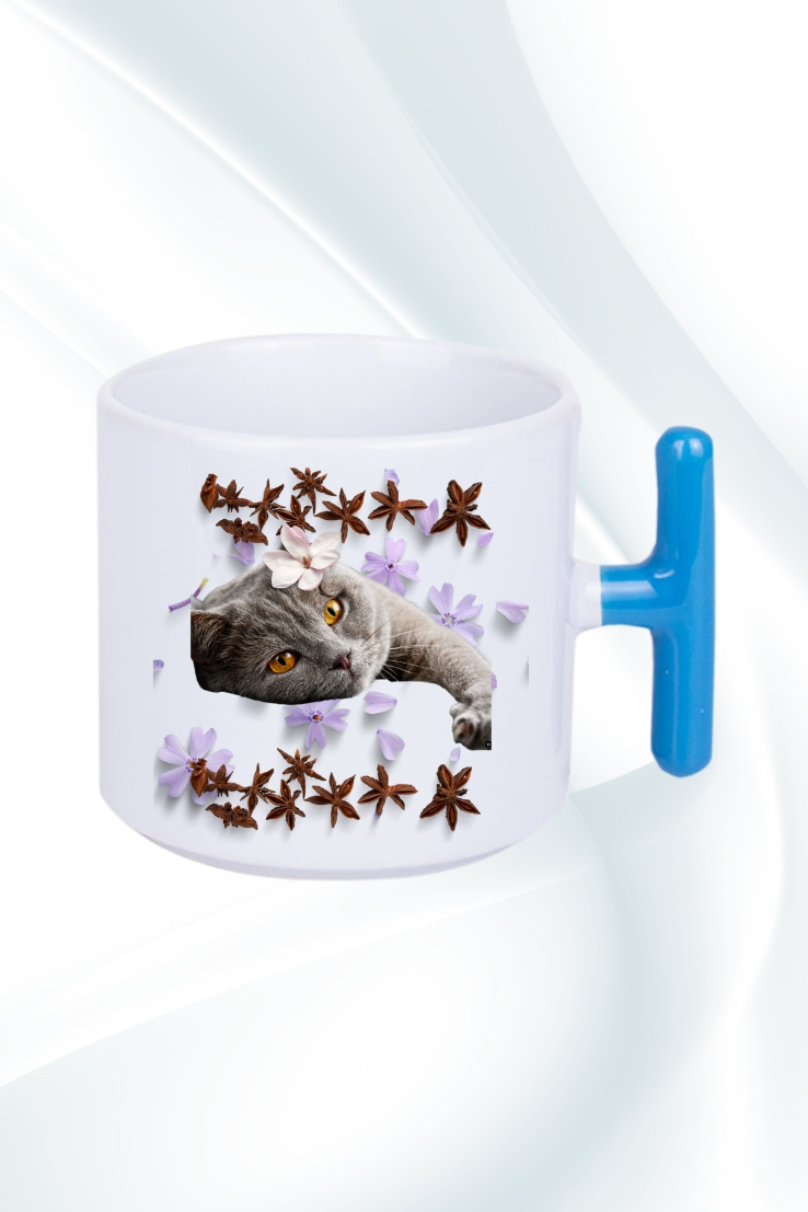 Sevimli Kedi Baskılı T Saplı Kupa Bardak Porselen Çay Kahve Fincanı