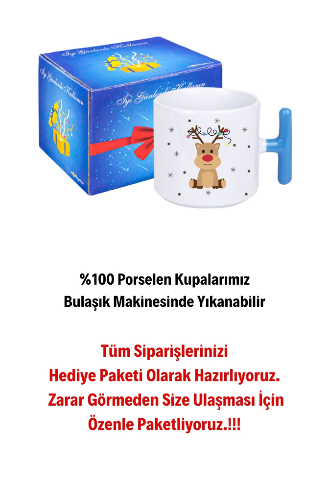Yeni Yıl Geyik Kurabiye Baskılı T Saplı Kupa Bardak Porselen Çay Kahve Fincanı