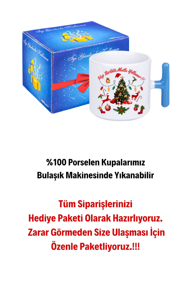 Yılbaşı Mutlu Yıllar Baskılı T Saplı Kupa Bardak Porselen Çay Kahve Fincanı