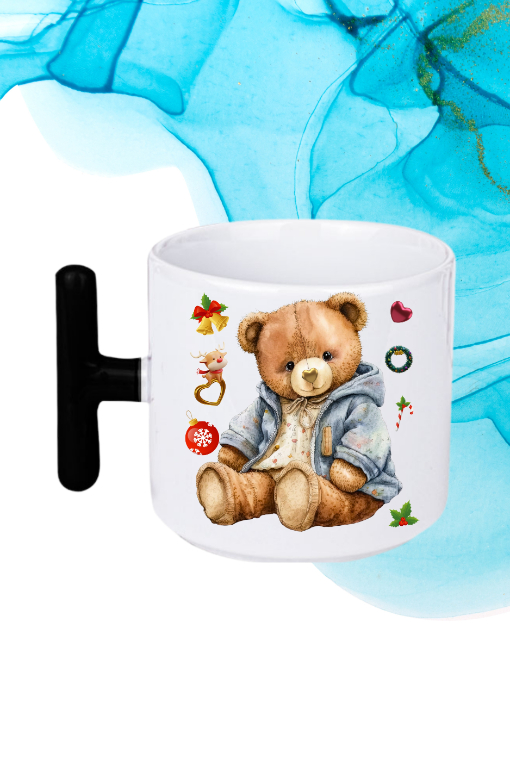 Yeni Yıl Oyuncak Ayı Teddy Bear Baskılı T Saplı Kupa Bardak Porselen Çay Kahve Fincanı