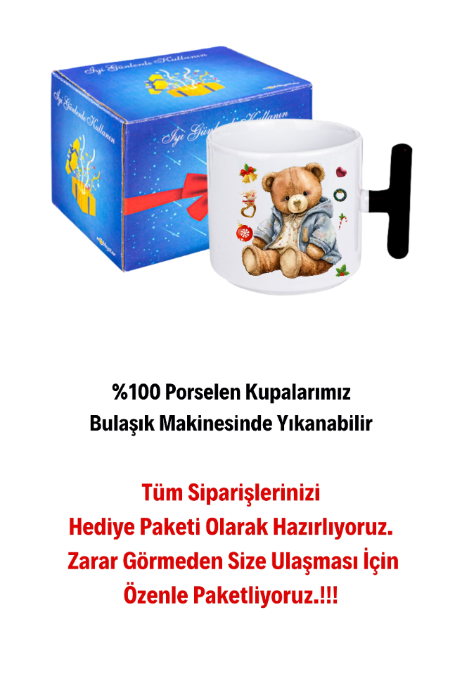 Yeni Yıl Oyuncak Ayı Teddy Bear Baskılı T Saplı Kupa Bardak Porselen Çay Kahve Fincanı