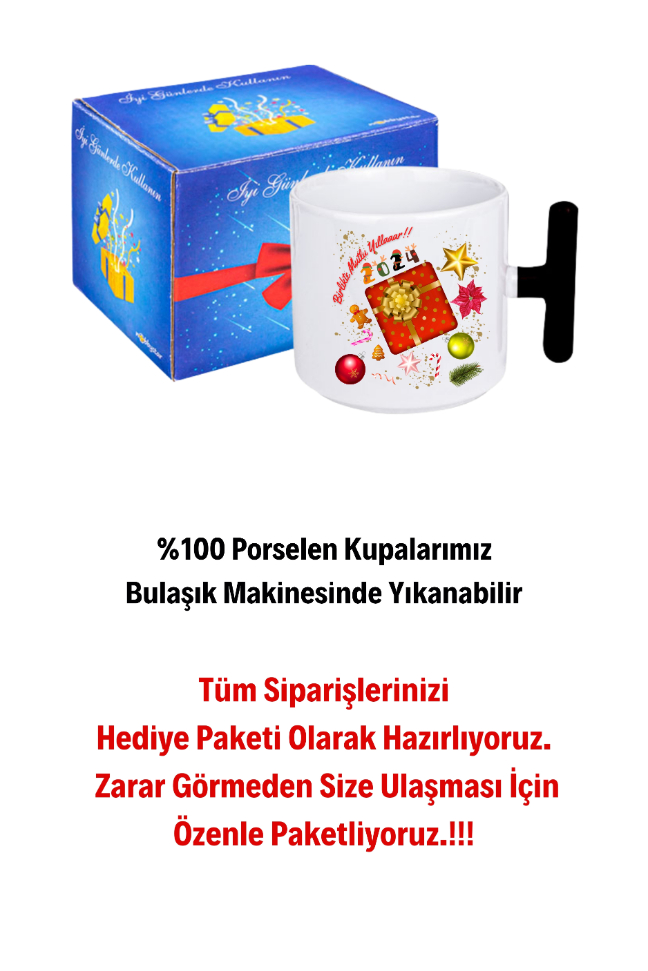 Yılbaşı 2024 Baskılı T Saplı Kupa Bardak Porselen Çay Kahve Fincanı