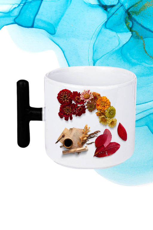 Romantik Sonbahar Baskılı T Saplı Kupa Bardak Porselen Çay Kahve Fincanı