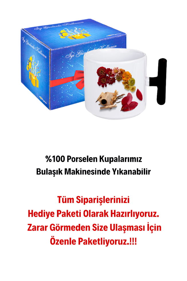 Romantik Sonbahar Baskılı T Saplı Kupa Bardak Porselen Çay Kahve Fincanı