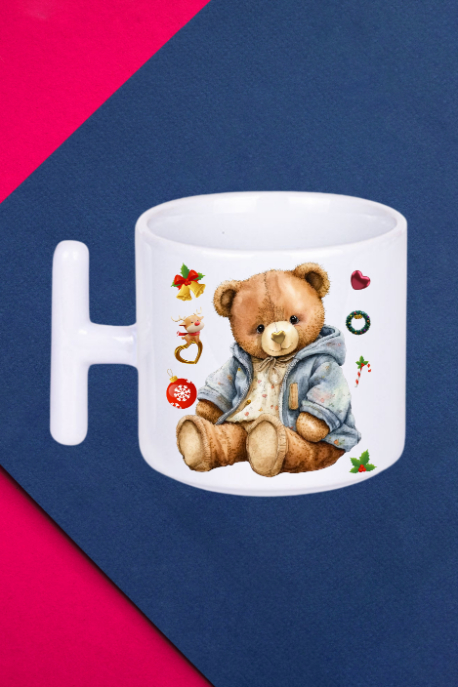 Yeni Yıl Oyuncak Ayı Teddy Bear Baskılı T Saplı Kupa Bardak Porselen Çay Kahve Fincanı