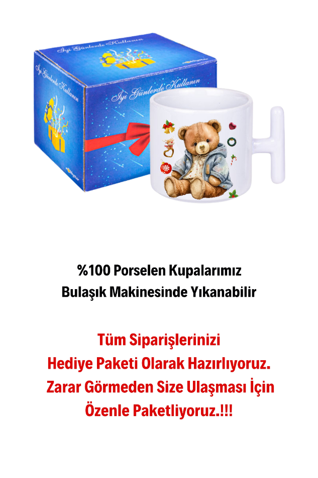 Yeni Yıl Oyuncak Ayı Teddy Bear Baskılı T Saplı Kupa Bardak Porselen Çay Kahve Fincanı
