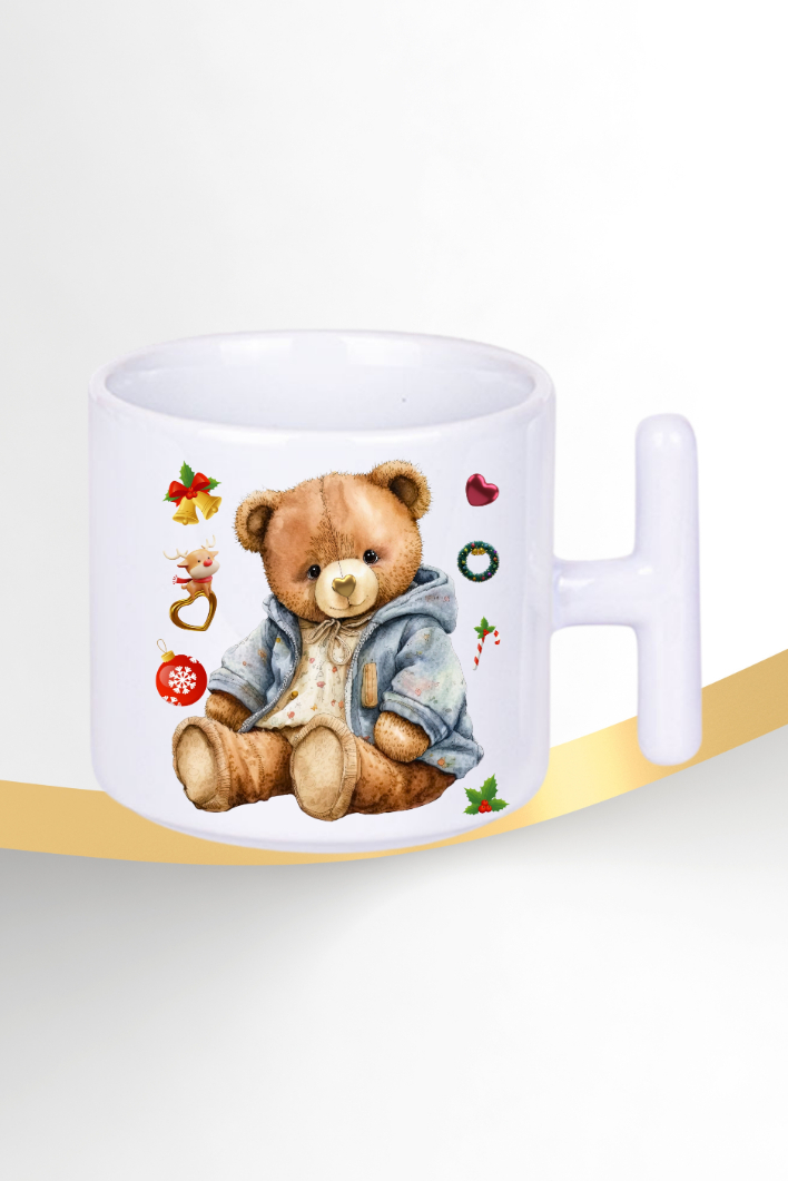 Yeni Yıl Oyuncak Ayı Teddy Bear Baskılı T Saplı Kupa Bardak Porselen Çay Kahve Fincanı