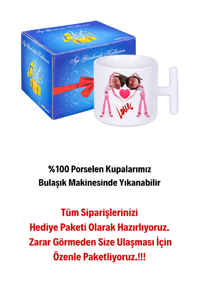 Mutlu Çiftler Love Baskılı Hediye T Saplı Kupa Bardak Porselen Çay Kahve Fincanı
