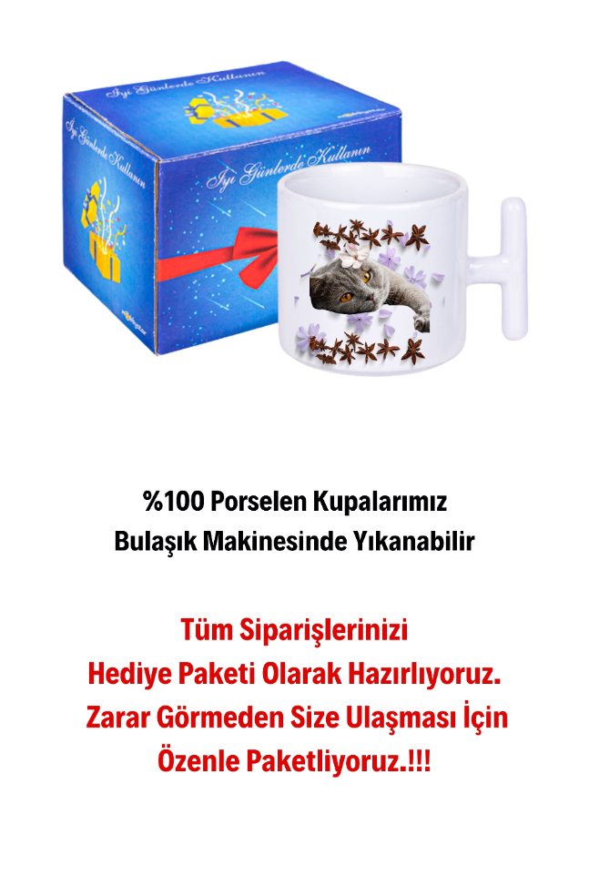 Sevimli Kedi Baskılı T Saplı Kupa Bardak Porselen Çay Kahve Fincanı
