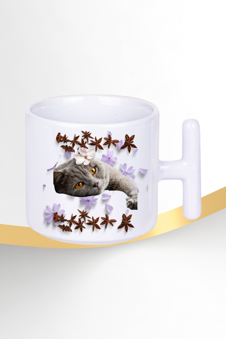 Sevimli Kedi Baskılı T Saplı Kupa Bardak Porselen Çay Kahve Fincanı