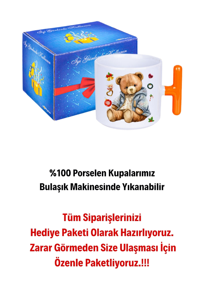 Yeni Yıl Oyuncak Ayı Teddy Bear Baskılı T Saplı Kupa Bardak Porselen Çay Kahve Fincanı